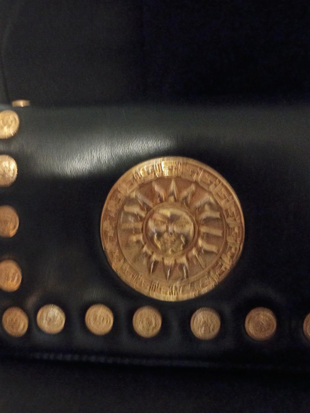 Vintage Black Leather Gold Medallion Chain Shoulder Bag